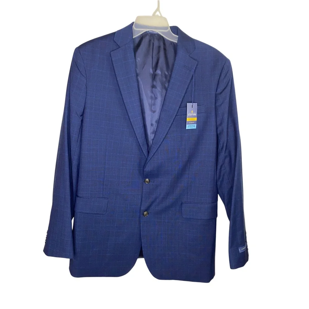 Stafford Men Blue Burgundy Glen Plaid Sport Coat 46 Long Travel Stretch Wool